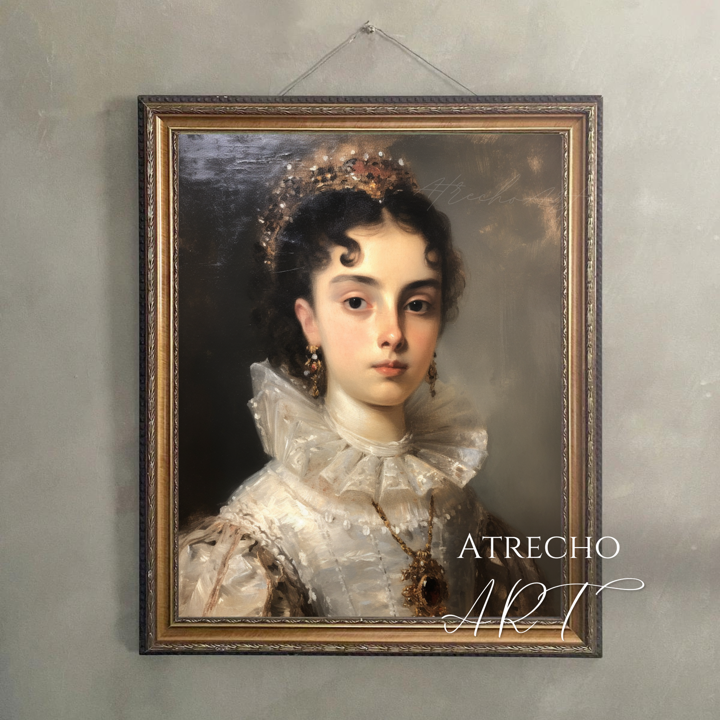 Classical noblewoman portrait with ornate jewelry and white Renaissance collar, museum-quality art print celebrating European heritage