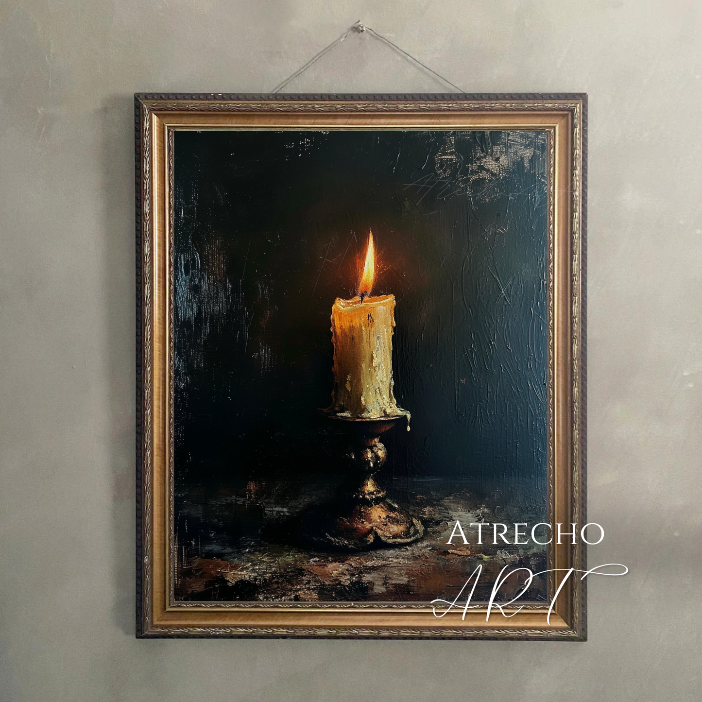 Vintage candlelight still life art print featuring a burning candle in an ornate brass holder against a moody, textured dark background—perfect for dark academia and old world inspired interiors