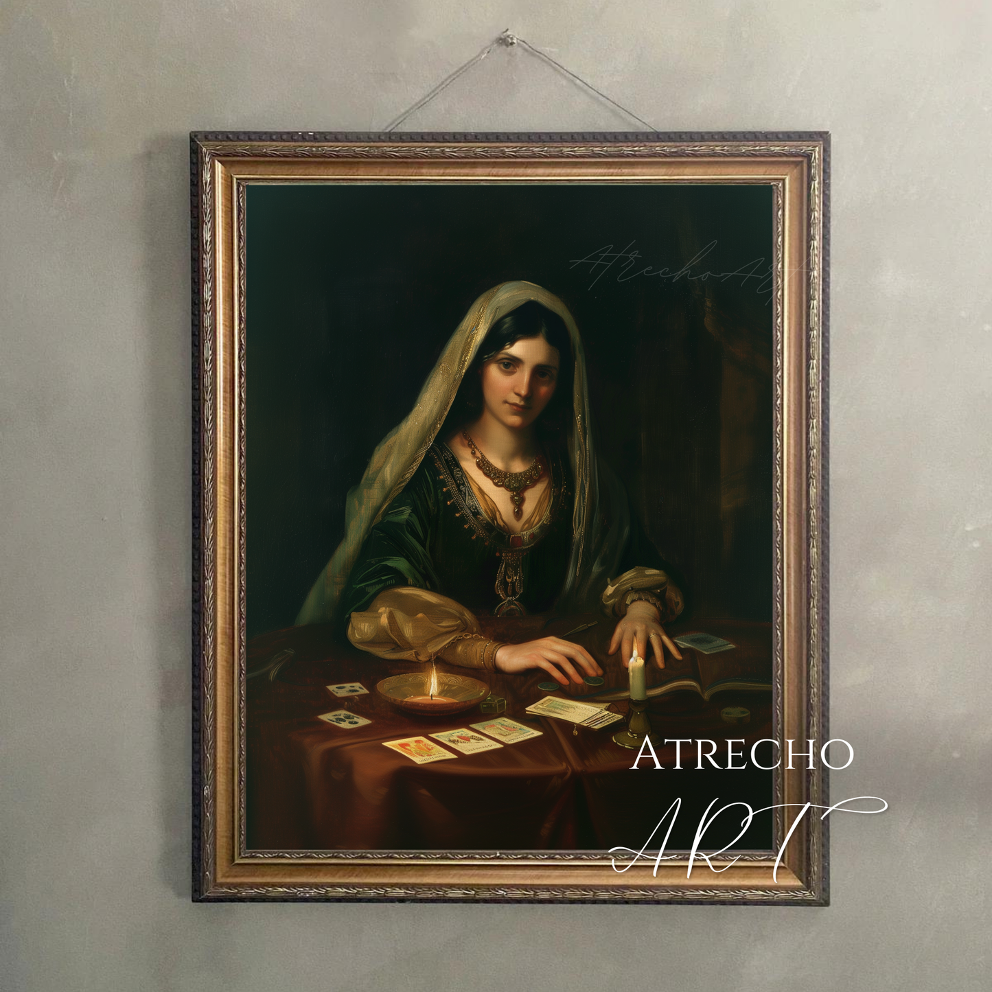 Fortune teller portrait artwork in candlelit baroque style, mystical dark cottagecore wall art for bohemian home decor