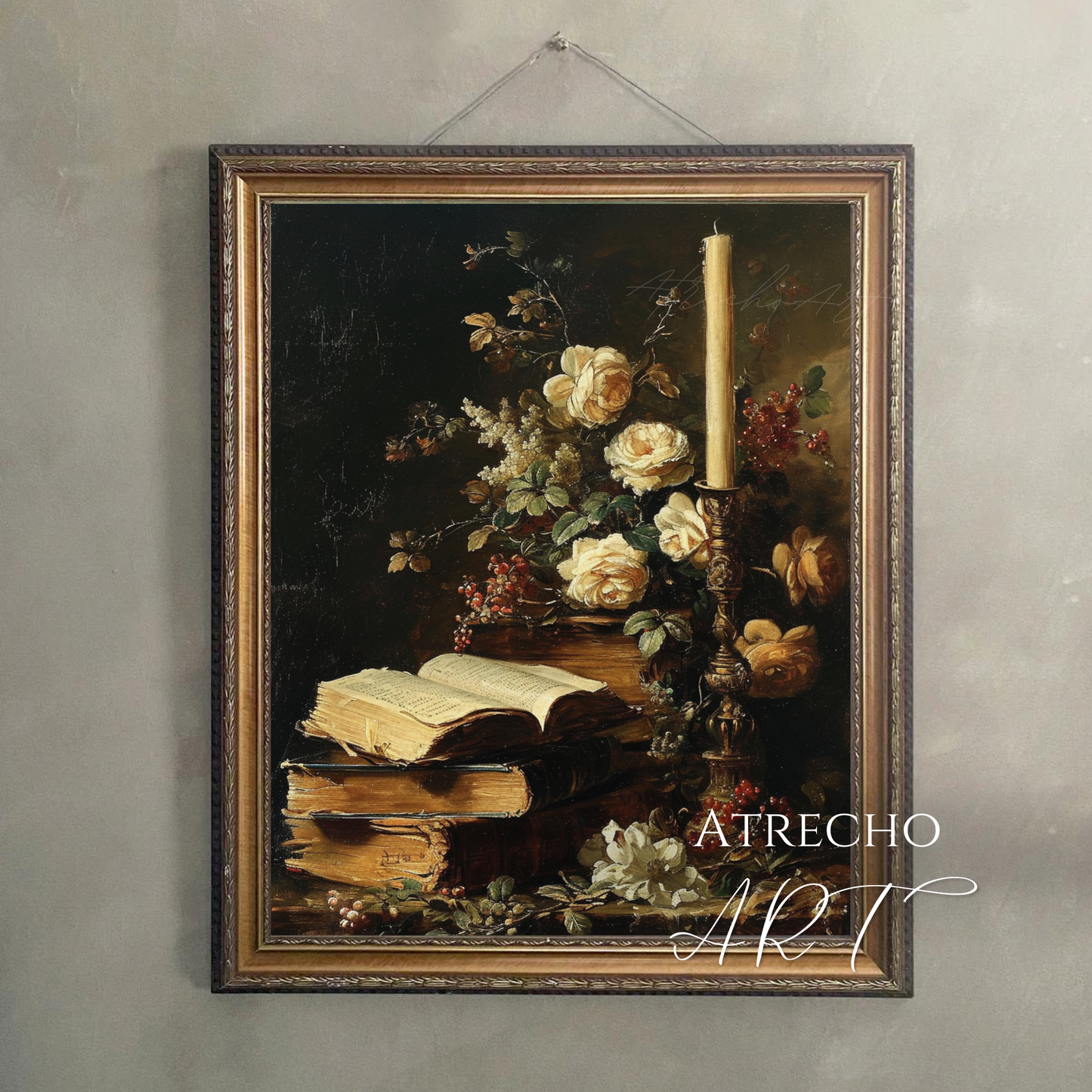 Vintage books art print inspired by 17th-century Dutch still life tradition, archival quality wall art