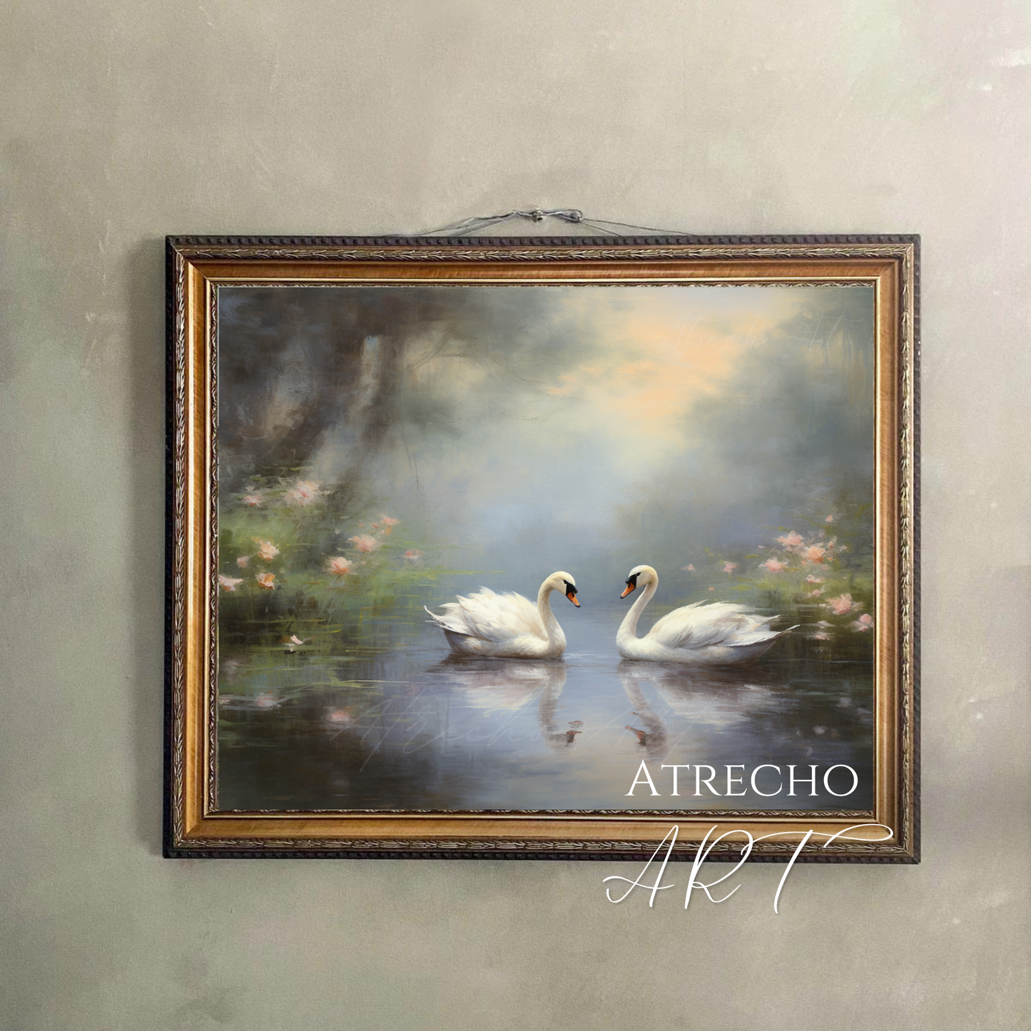 Romantic swan art print hung on warm plaster wall — misty lake gallery wall display by Atrecho Art