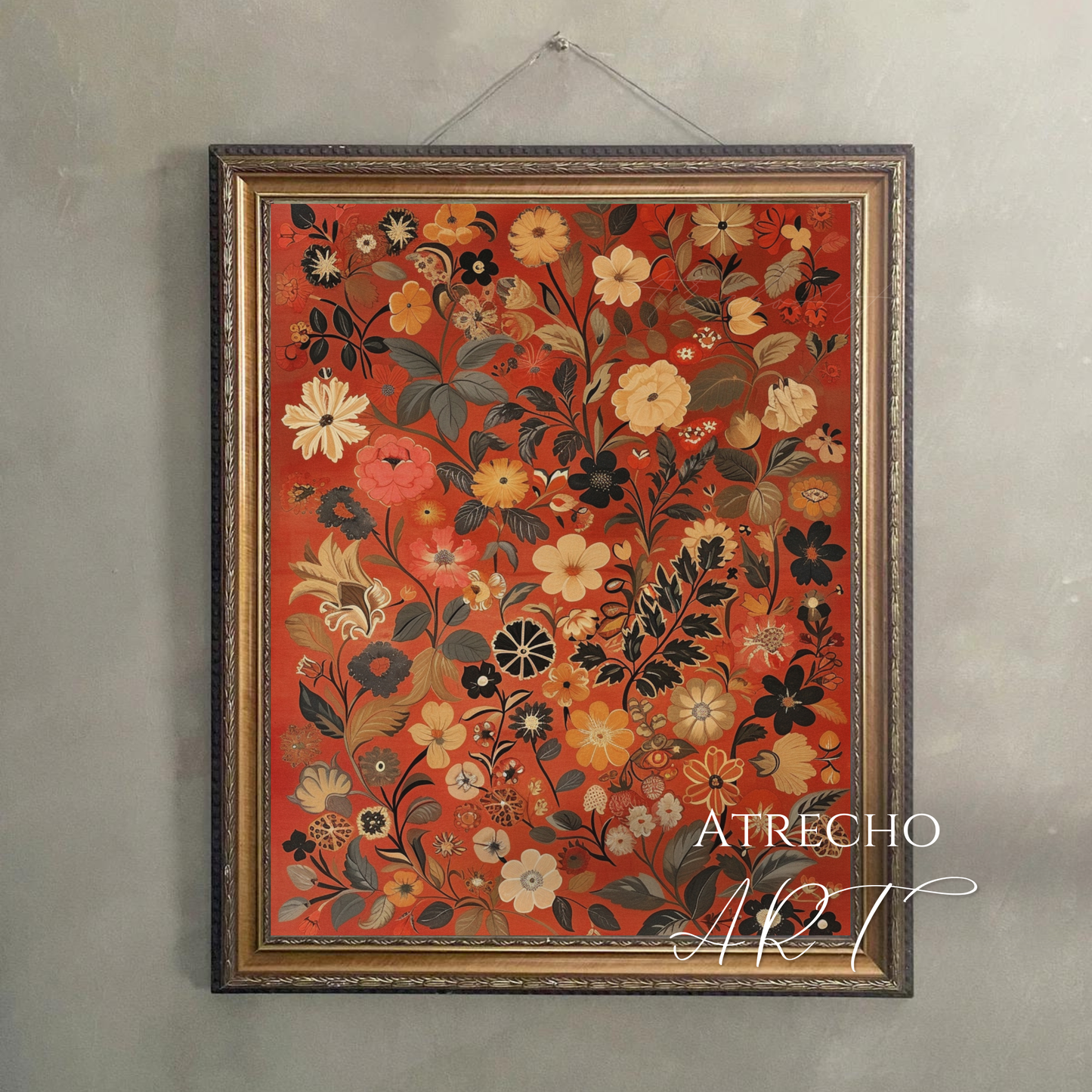 Autumn floral textile print hung flush on a neutral wall, brick-red ground with cream and gold blooms, by Atrecho Art
