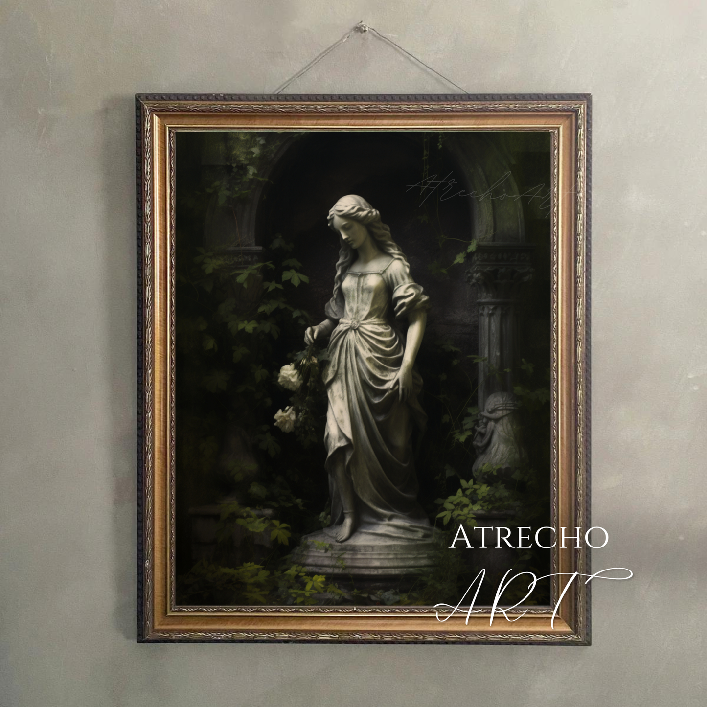 Framed garden statue print hanging on a neutral gallery wall in an entryway, by Atrecho Art
