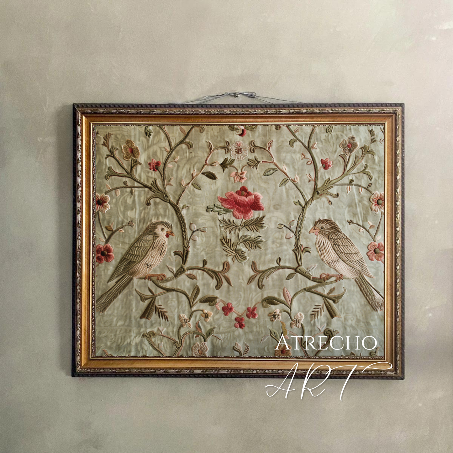 Vintage embroidery wall art print featuring birds and floral motifs on aged background, European-inspired textile art for romantic home decor