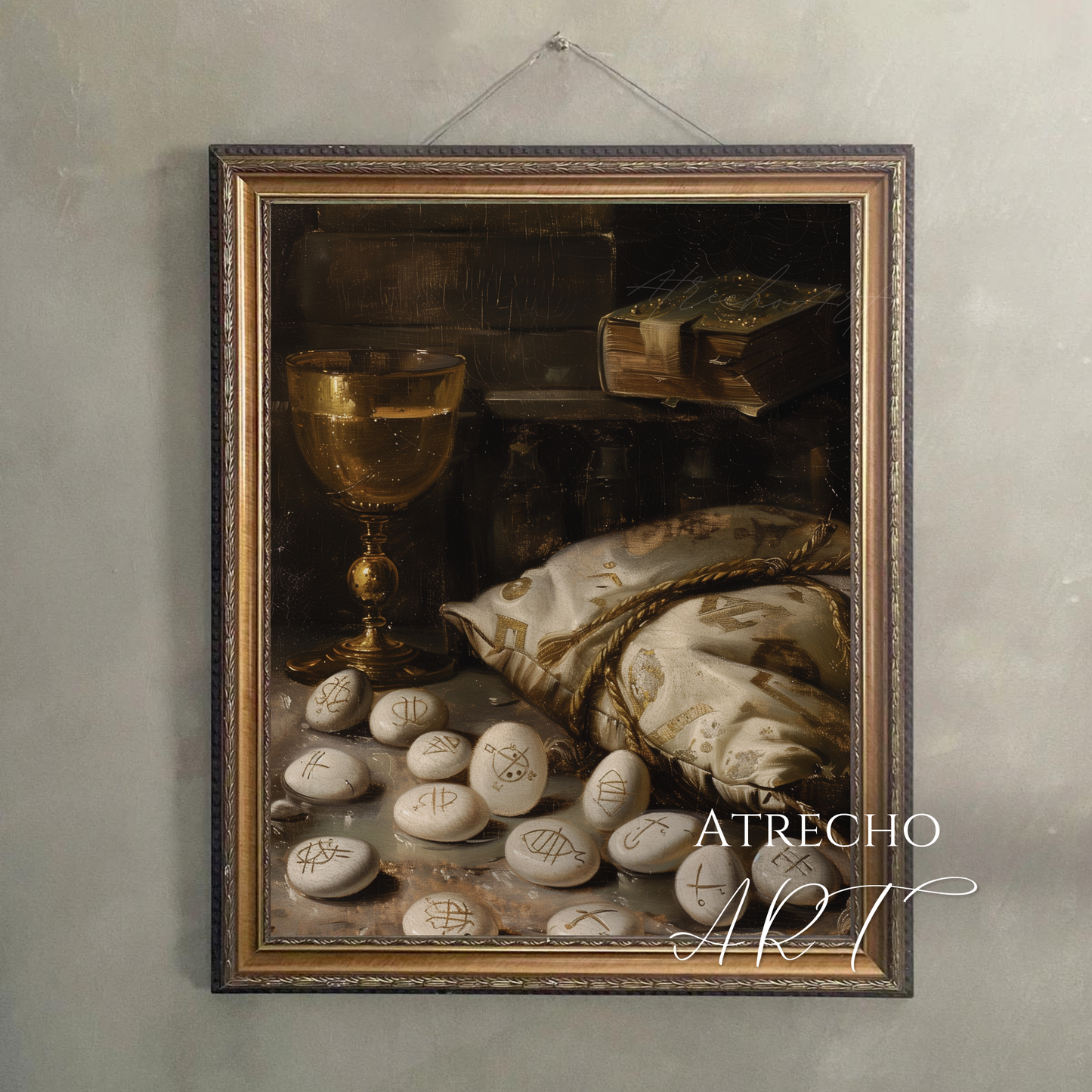 Runes art print hung on dark moody wall — Norse divination still life gallery wall display WH29 Atrecho Art