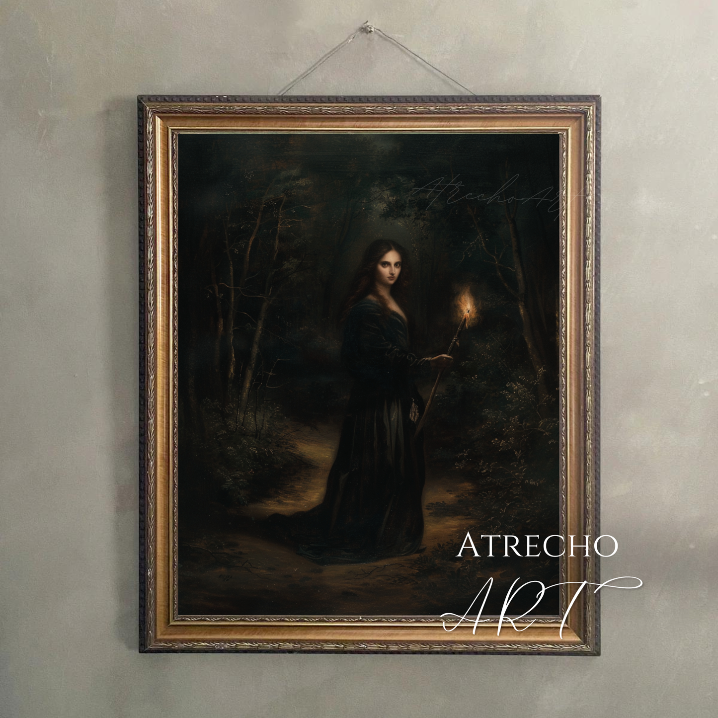 Nocturnal forest witch print hung flush on a dark wall, vertical full-length portrait by Atrecho Art