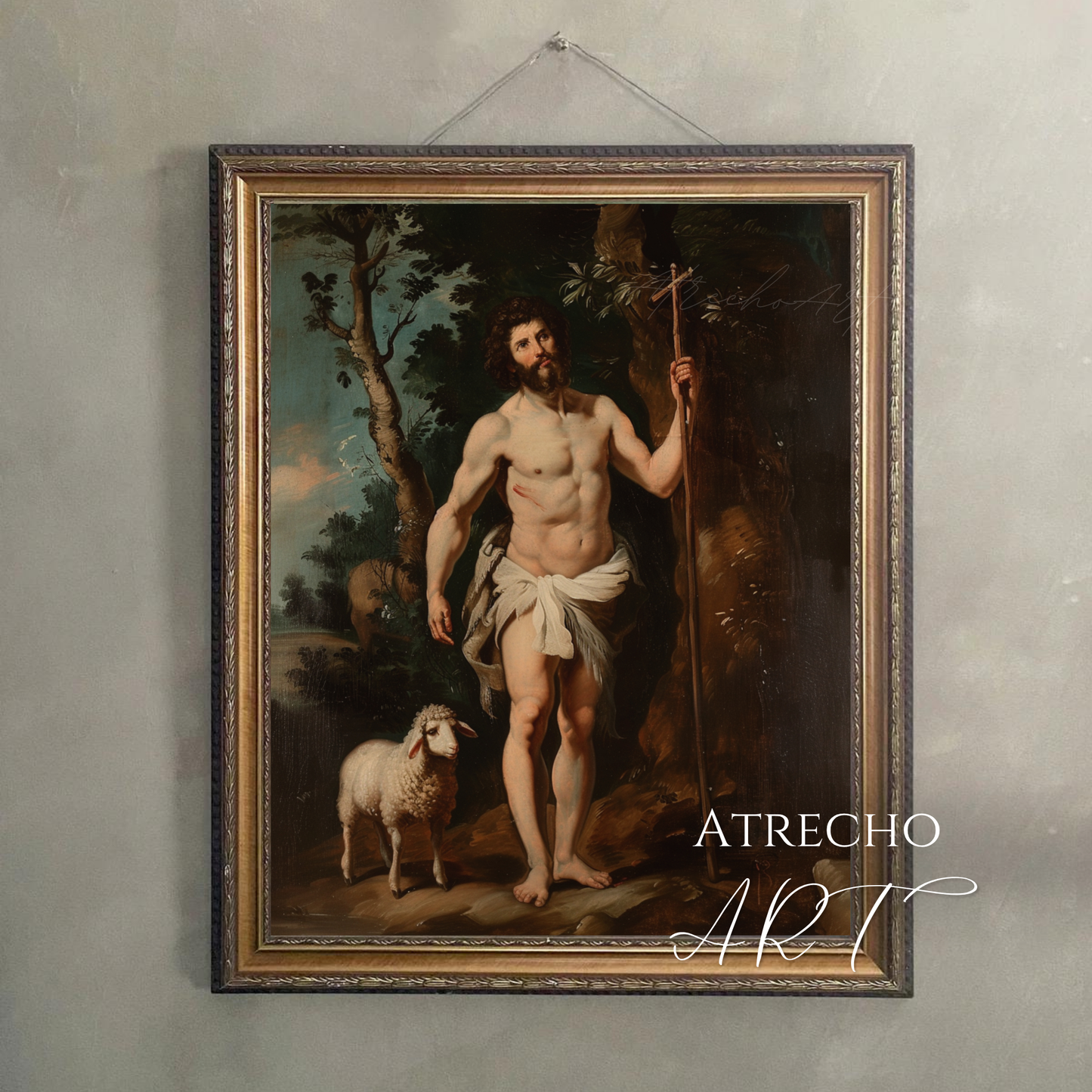 Saint John the Baptist art print hung on warm plaster wall — Spanish Baroque Catholic gallery wall display RE09 Atrecho Art