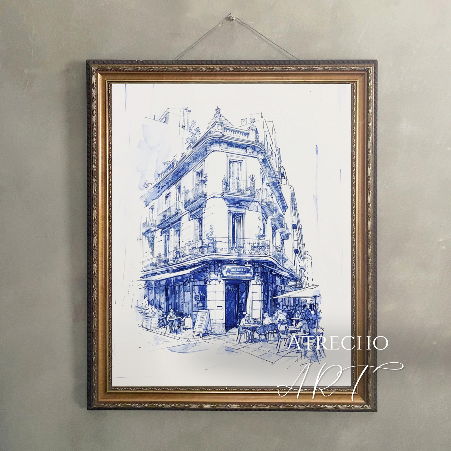 Vintage blue sketch of a Parisian cafe corner building with architectural details, perfect for European-inspired wall decor and dark academia aesthetics