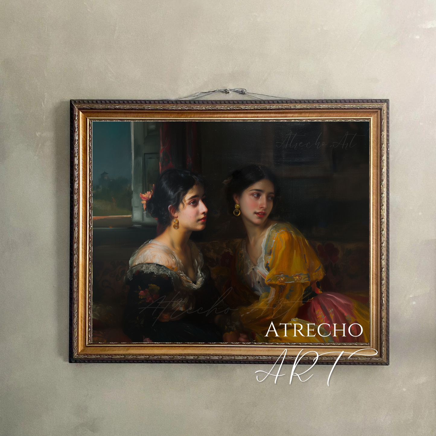 The Dancers Spanish classical portrait print showing two elegant women in 19th century period dress perfect for dark academia wall decor