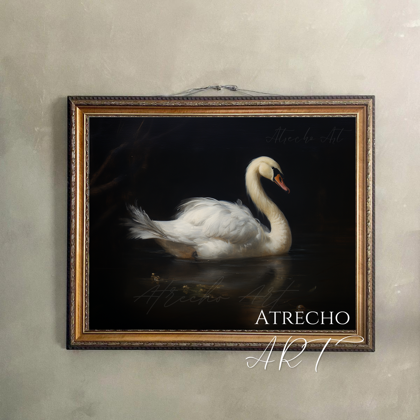 Classical European swan wall art print featuring elegant bird against atmospheric background for sophisticated home decor