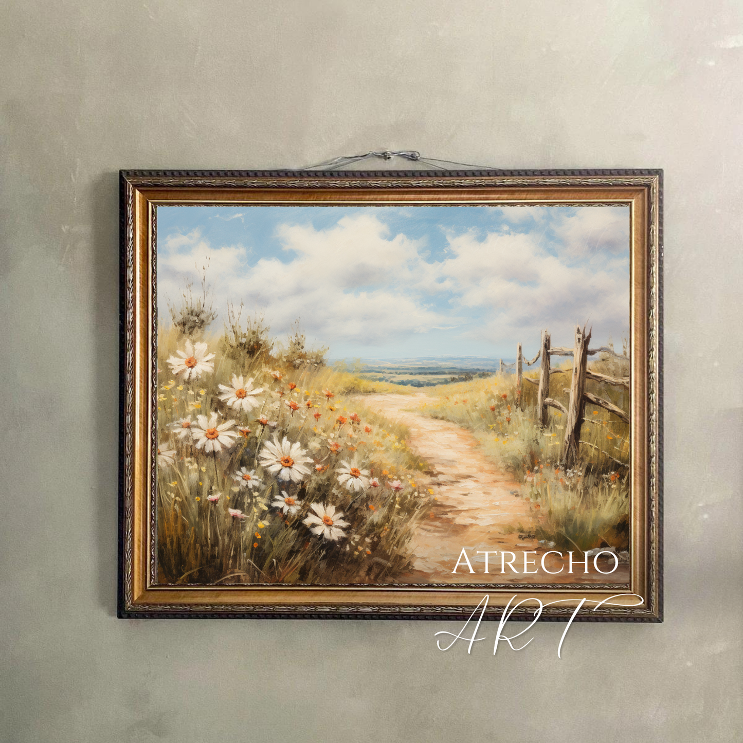 Summer Path vintage landscape painting with daisies along pastoral trail, dark academia wall art print in ornate gold frame