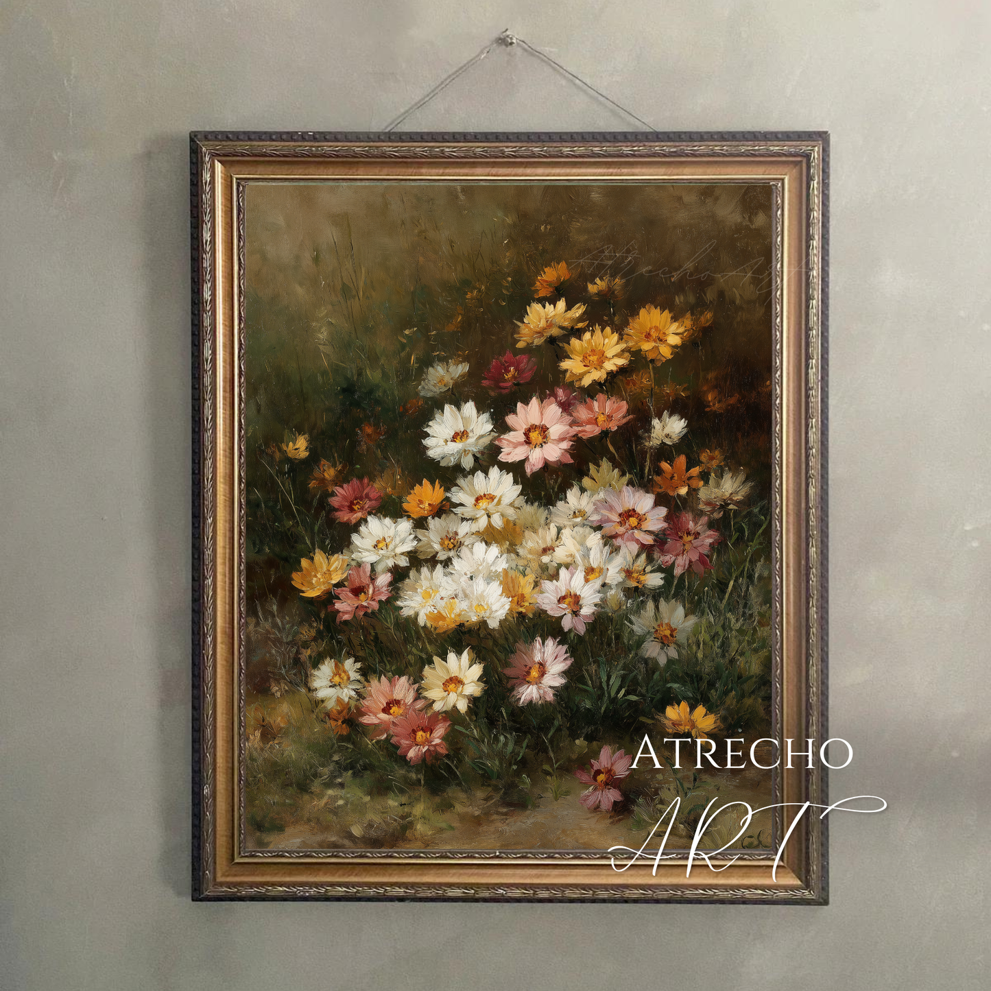 Spring Gazania floral print in an ornate antique frame — Old World wildflower still life for a romantic gallery wall