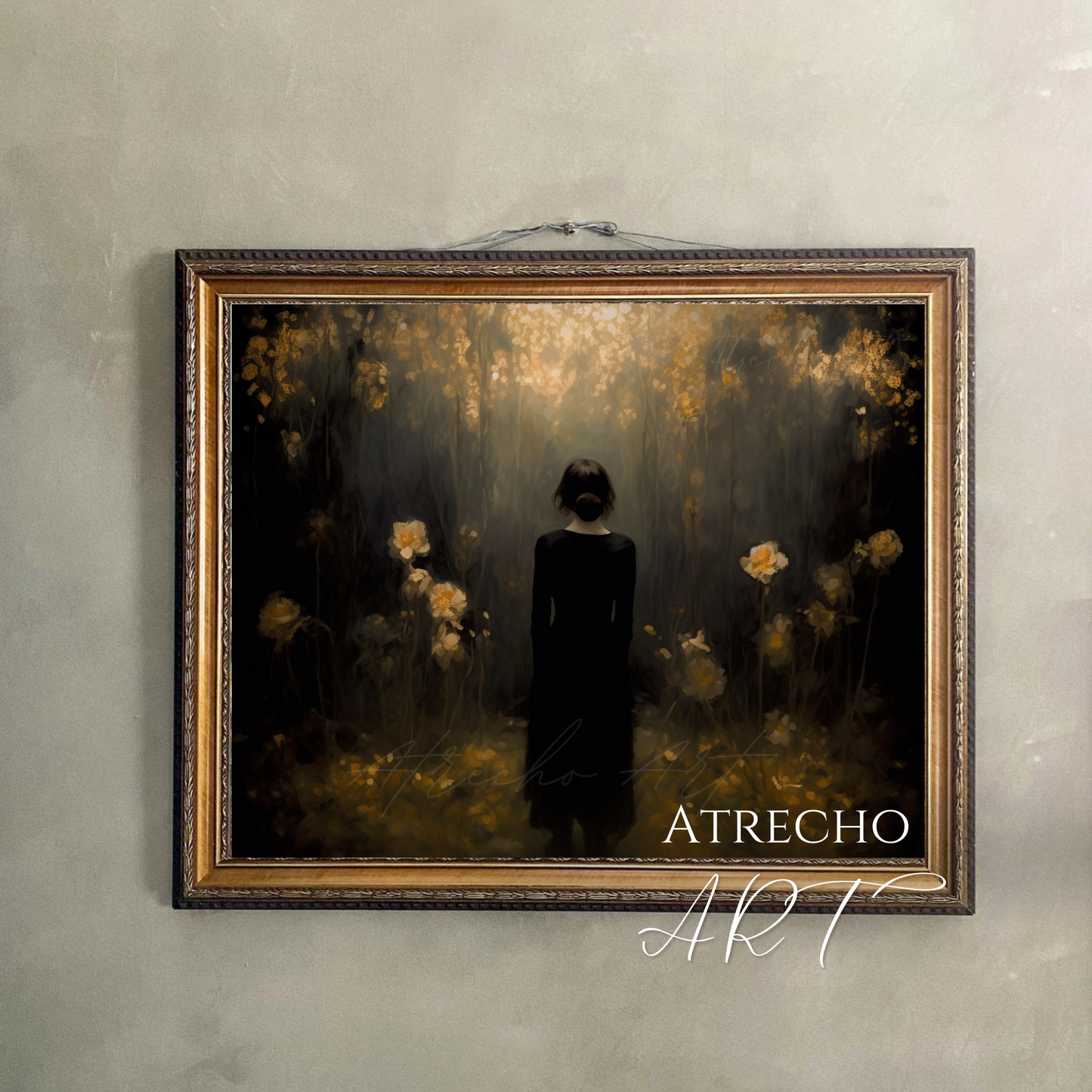 Ethereal gothic flowers art print with silhouette figure surrounded by luminous golden blossoms in misty dark gothic landscape