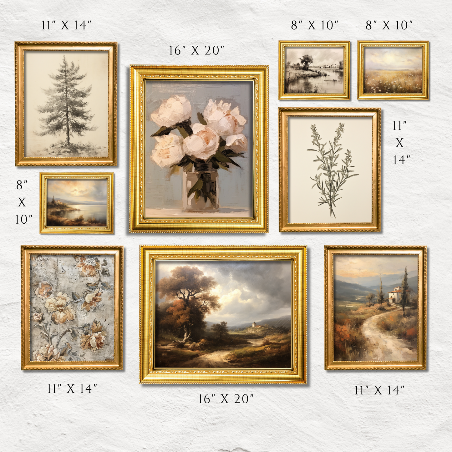 Vintage Gallery Wall Art Set of 9 Prints | Light Neutral Botanical & Landscape Prints | P906 Moody Dark Academia Home Decor