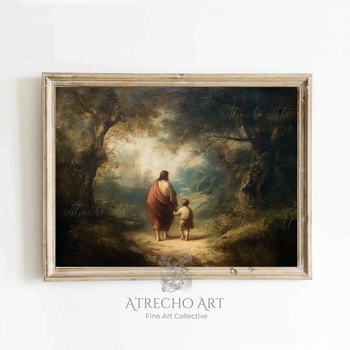 Vintage-inspired Jesus and child art print featuring warm golden lighting in Old World Spanish religious painting style, perfect for Christian home decor and prayer spaces