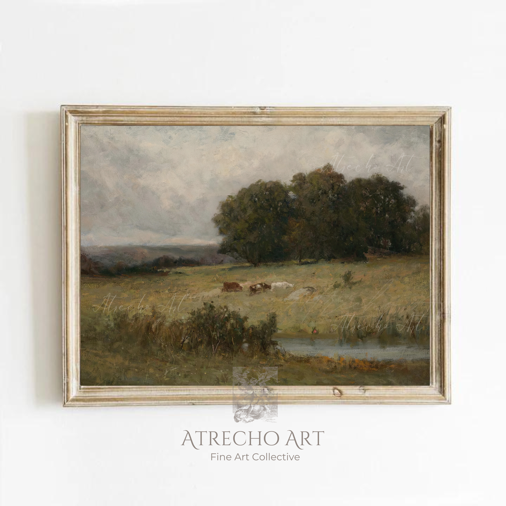 Vintage pastoral landscape print in a distressed silver frame — grazing cattle, stormy sky, old world countryside aesthetic