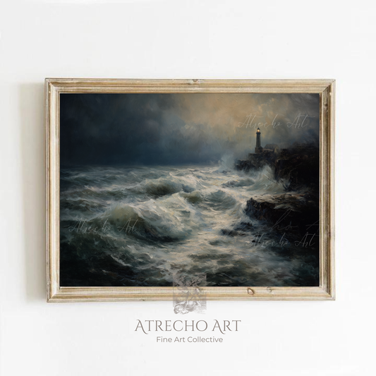 Lighthouse art print in distressed silver frame on dark wall — stormy seascape, moody coastal painting, NA02 by Atrecho Art