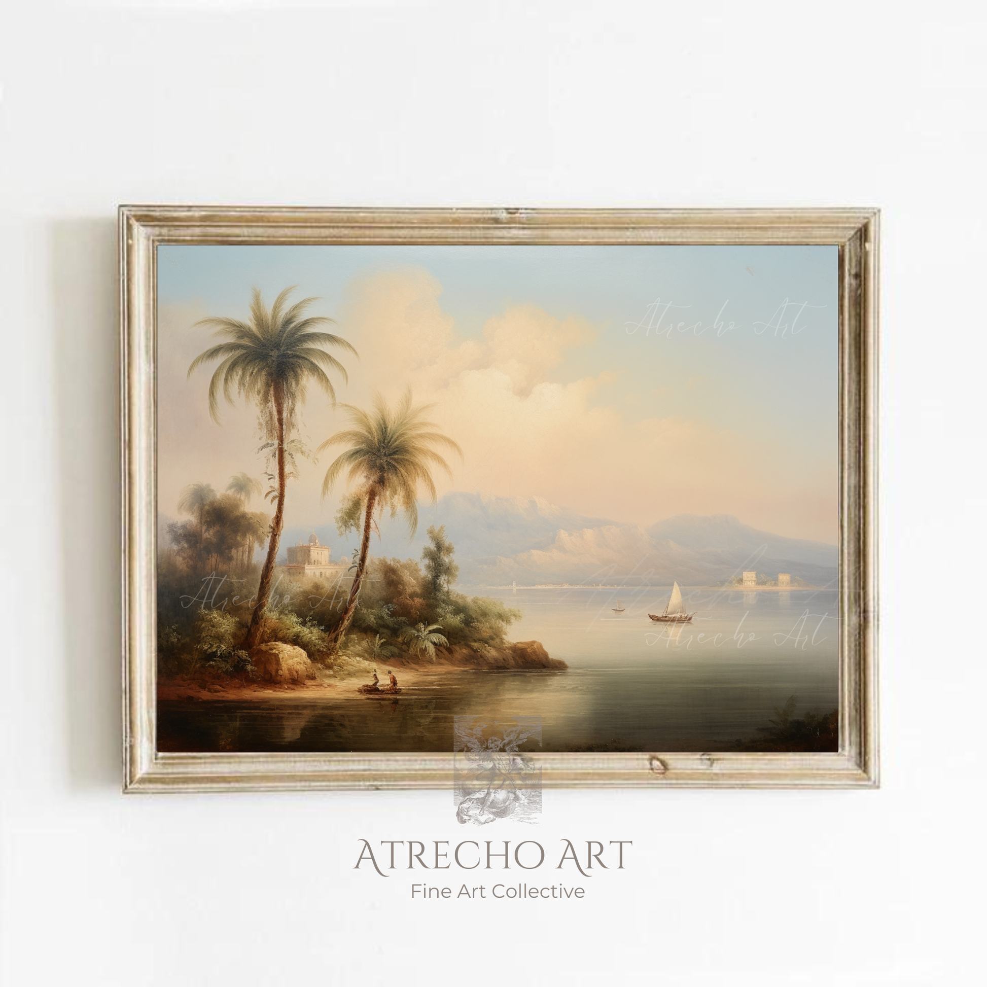 Mediterranean coastal landscape print in a wood frame, golden-hour bay with palms and sailboats, by Atrecho Art