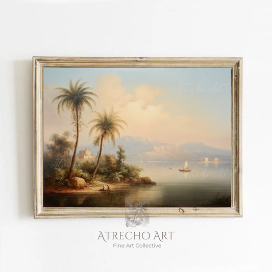 Mediterranean coastal landscape print in a wood frame, golden-hour bay with palms and sailboats, by Atrecho Art