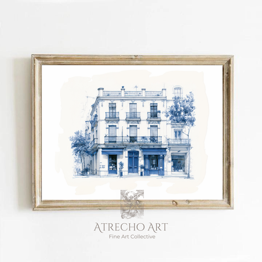 Corner apartments blue ink sketch in a wood frame on a neutral wall, Mediterranean architectural print by Atrecho Art
