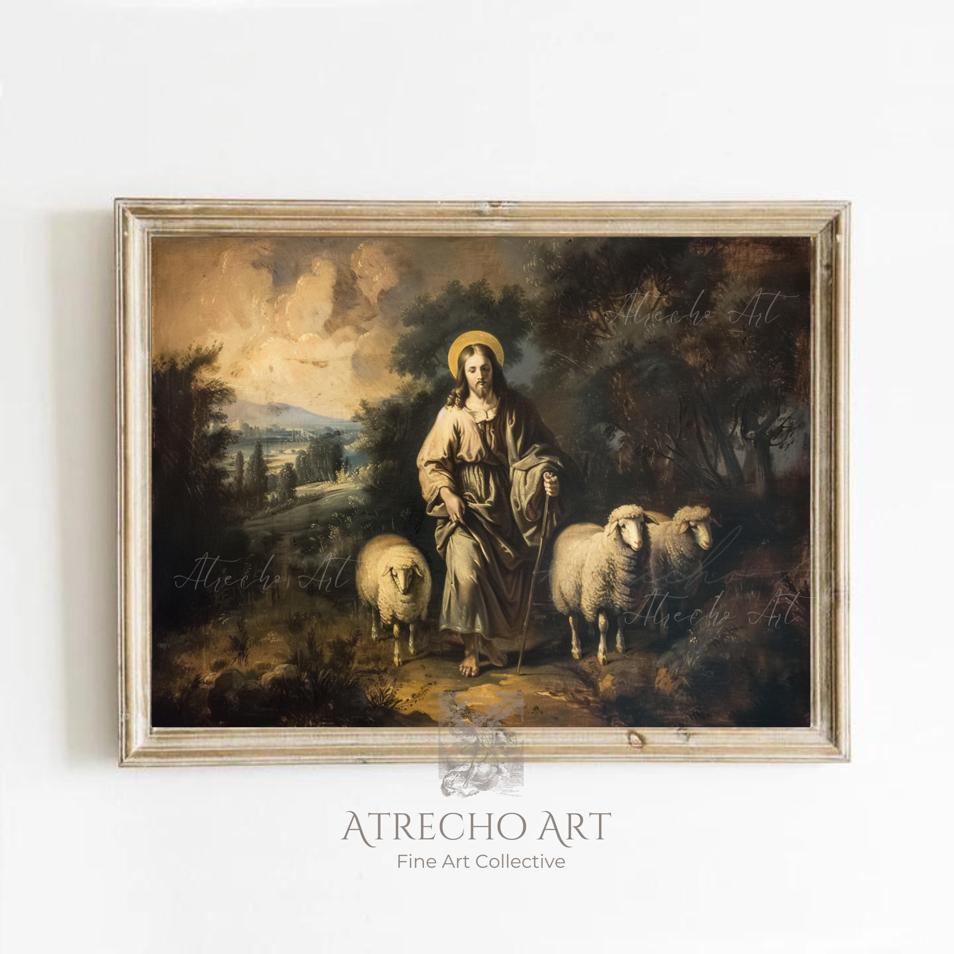 Classical religious art print of The Lord is My Shepherd featuring a robed figure with golden halo standing with sheep in pastoral European landscape with atmospheric Old Masters painting style