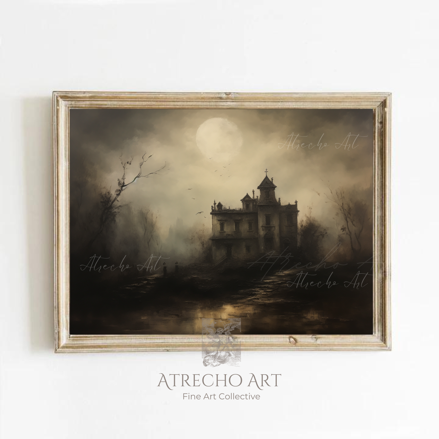Haunted house art print in a wood frame on a neutral wall, gothic manor under a full moon, by Atrecho Art