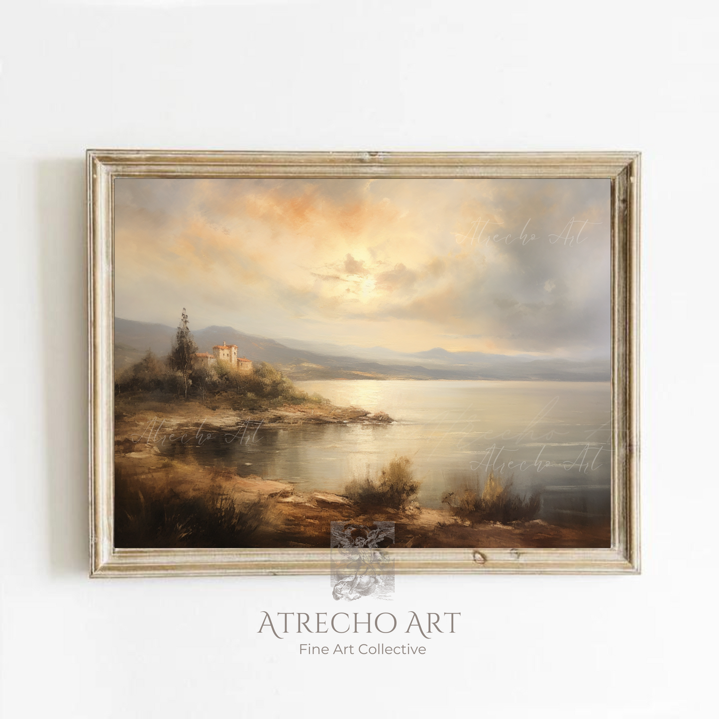 Vintage atmospheric lake landscape print with golden hour lighting and misty romantic scenery for light academia decor