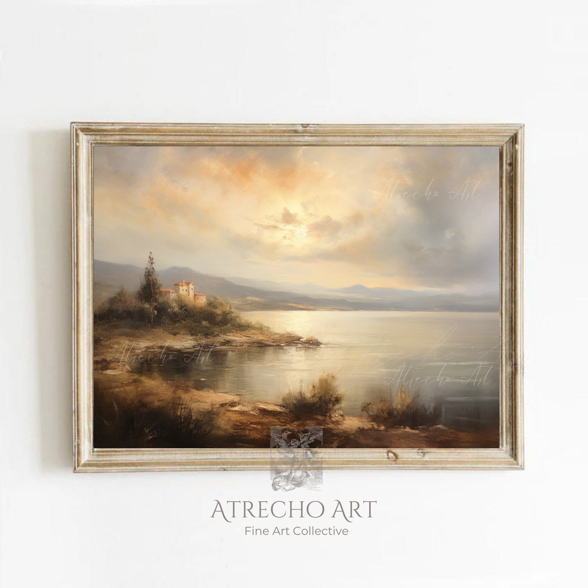 Vintage atmospheric lake landscape print with golden hour lighting and misty romantic scenery for light academia decor
