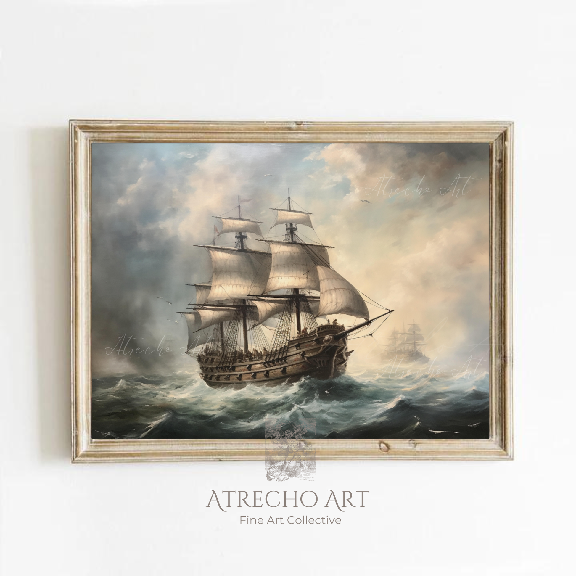 Galleon print — vintage tall ship on stormy seas, Old World maritime oil painting art by Atrecho Art, NA26