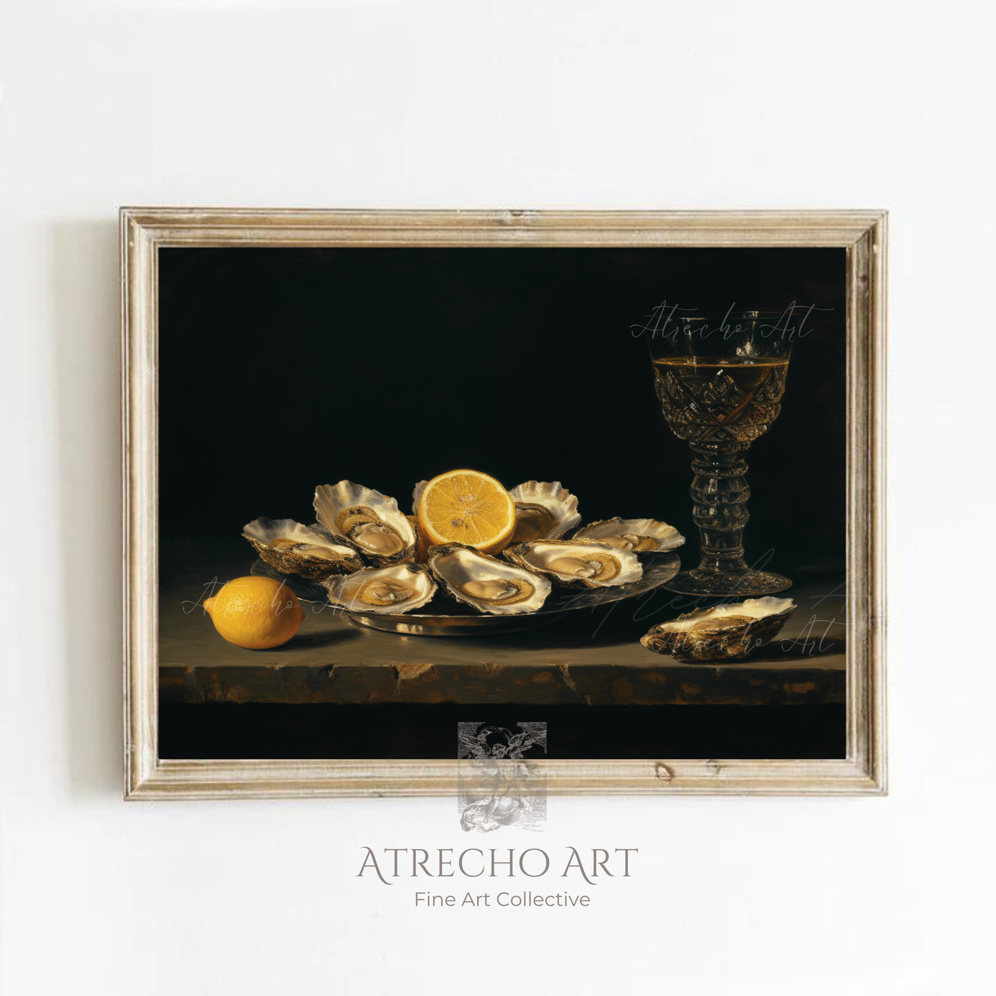 Oysters still life art print in distressed silver frame on warm white wall — Spanish Baroque composition by Atrecho Art