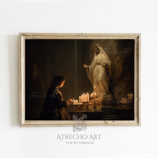 Spanish Baroque print of a woman lighting candles at a Marian altar in a wood frame on a neutral wall, by Atrecho Art