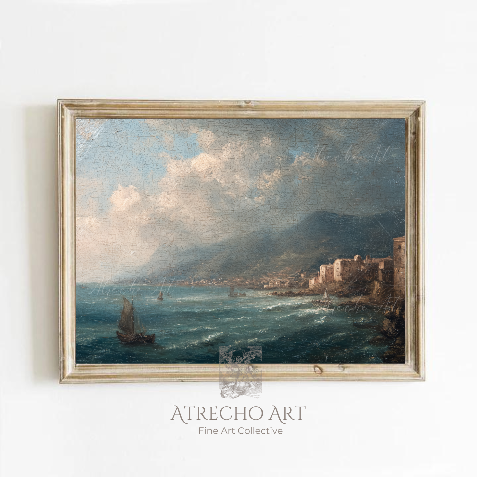 Coastal town art print in a slim white frame on a warm cream wall —
muted teal harbor, stone buildings, vintage Mediterranean seascape