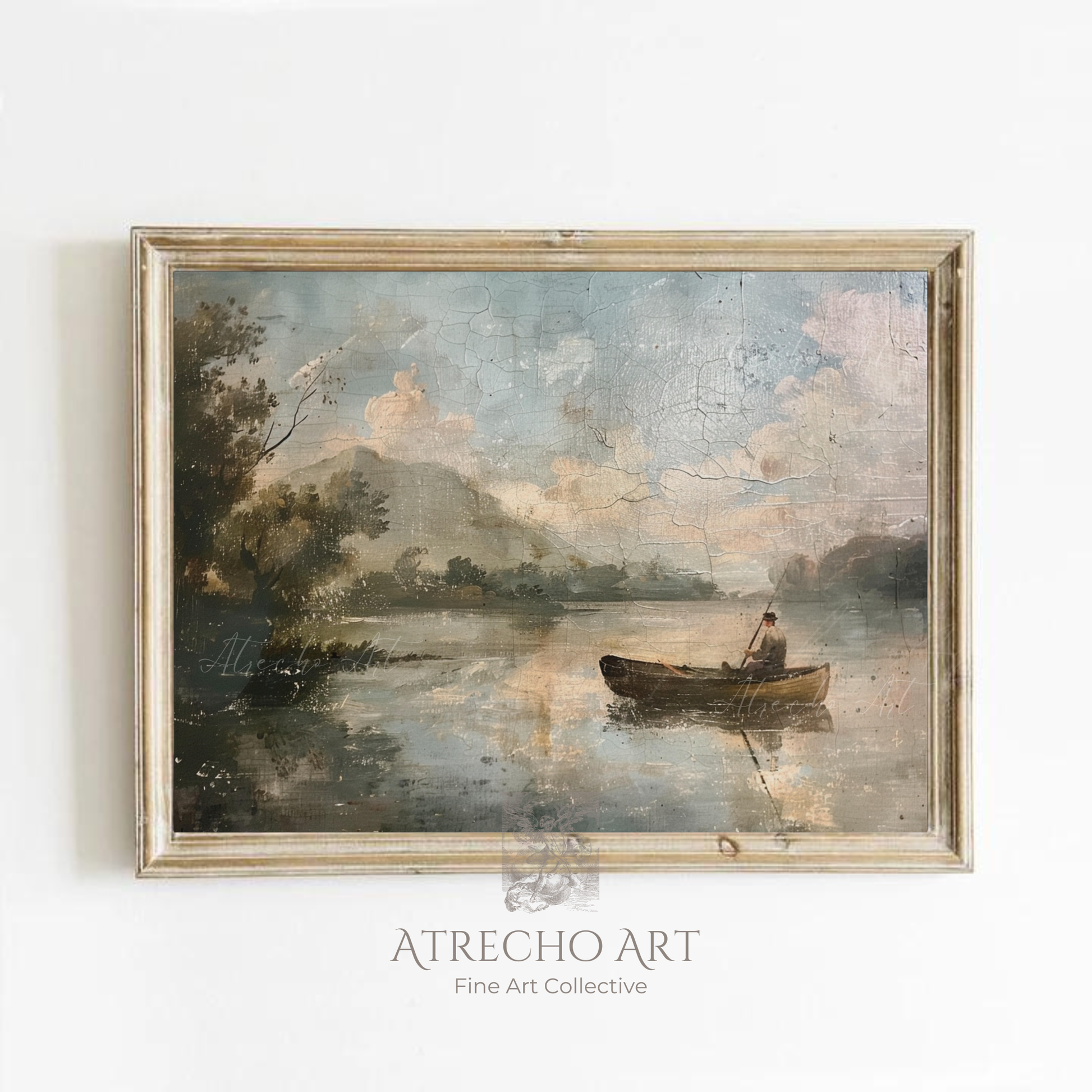 Vintage fisherman art print in whitewashed wood frame on bright white wall — quiet rowboat on a still Old World lake