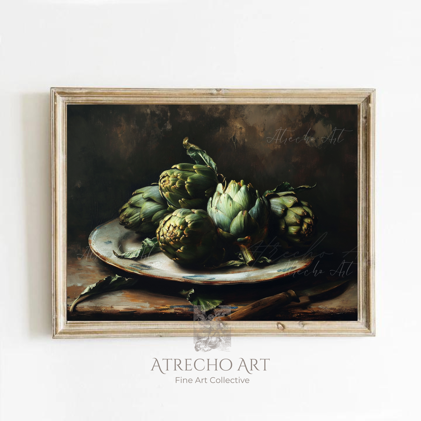 Vintage artichoke still life art print showing fresh green artichokes with one white flower on weathered ceramic plate against dark background