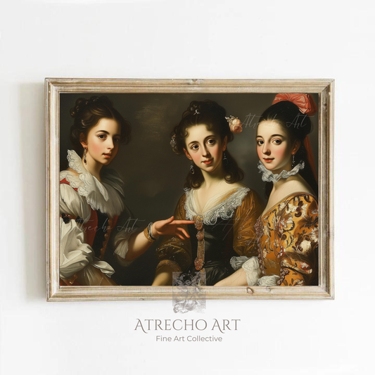 Rococo dancers art print featuring two elegant women in 18th-century period dress, horizontal format for dark academia wall decor