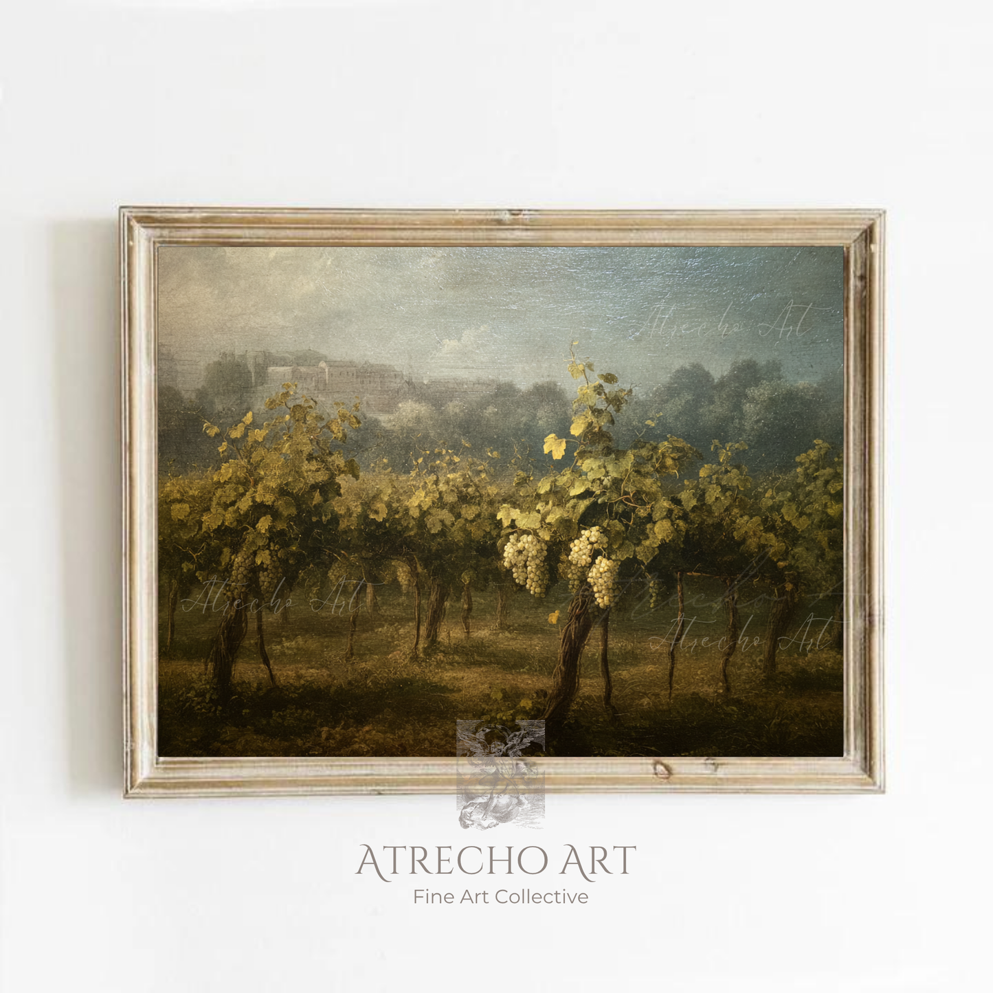 Vintage vineyard landscape painting print featuring rolling hills with grapevines and distant mountains in earth tones