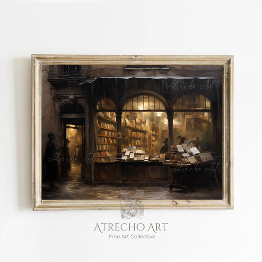 Bookstore art print in gilded frame on a dark wall — grand Old World bookshop interior, AR24 by Atrecho Art
