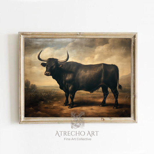 Classical black bull portrait oil painting with dramatic lighting in vintage frame, old world livestock artwork