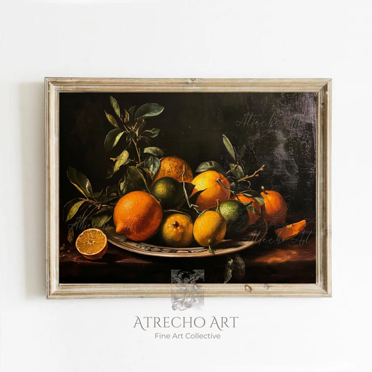 Spanish citrus art print featuring Valencian oranges, lemons and limes on pewter platter with green leaves in classical Baroque still life style against dark background