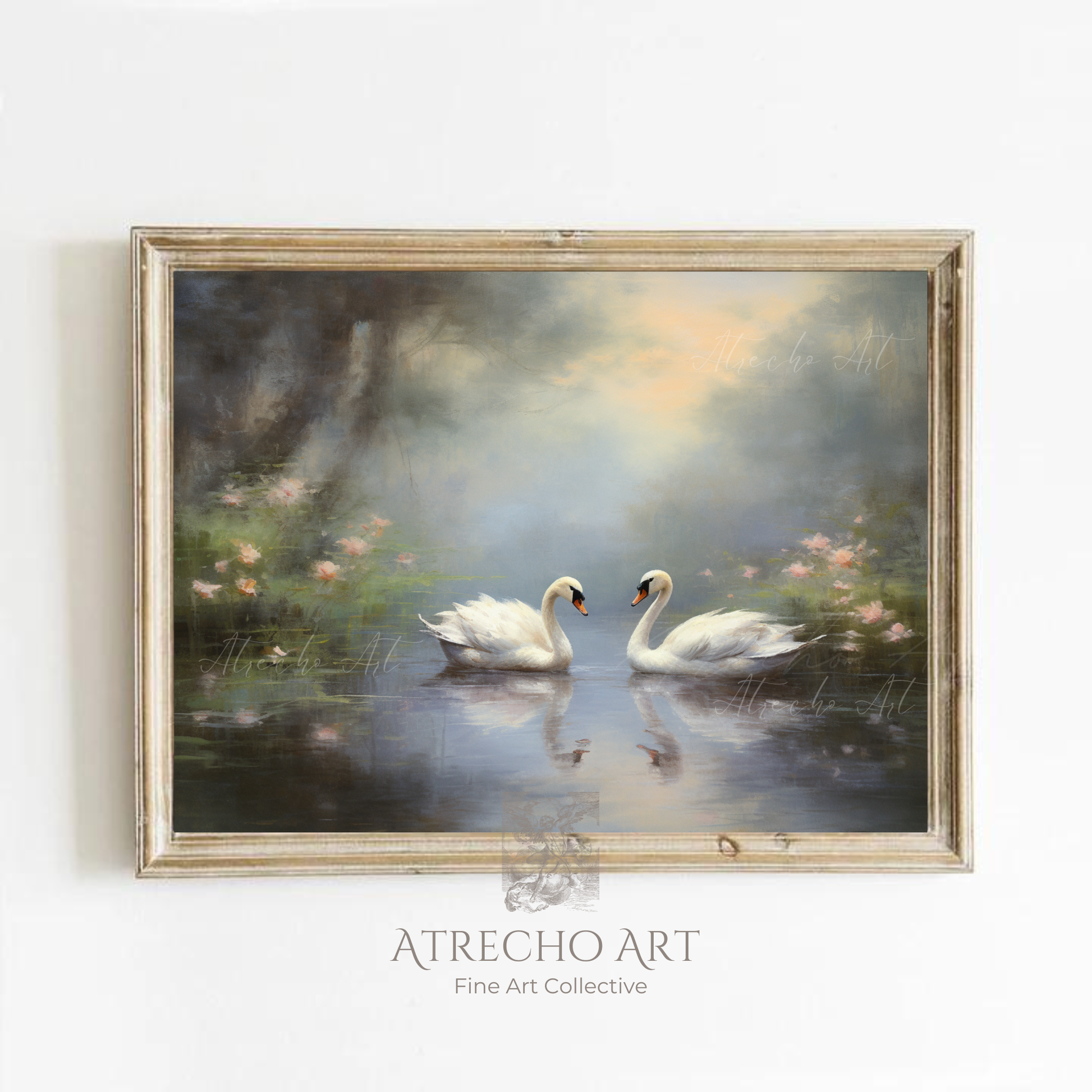 Two swans art print in rustic wood frame on white wall — romantic misty lake scene with pink blossoms, Old World style