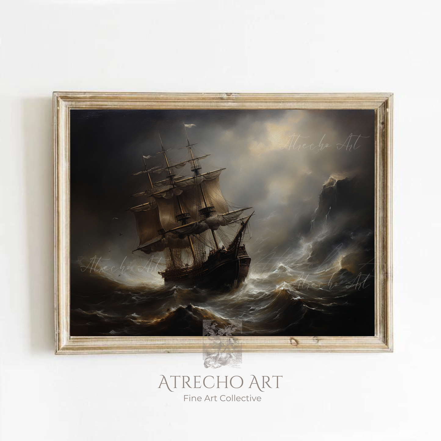 Dramatic stormy sea art print featuring Spanish galleon ship battling turbulent ocean waves under moody storm clouds with golden light breaking through