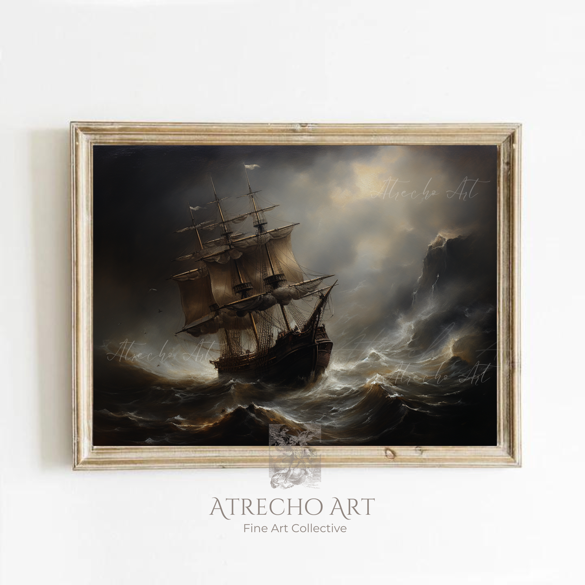Dramatic stormy sea art print featuring Spanish galleon ship battling turbulent ocean waves under moody storm clouds with golden light breaking through