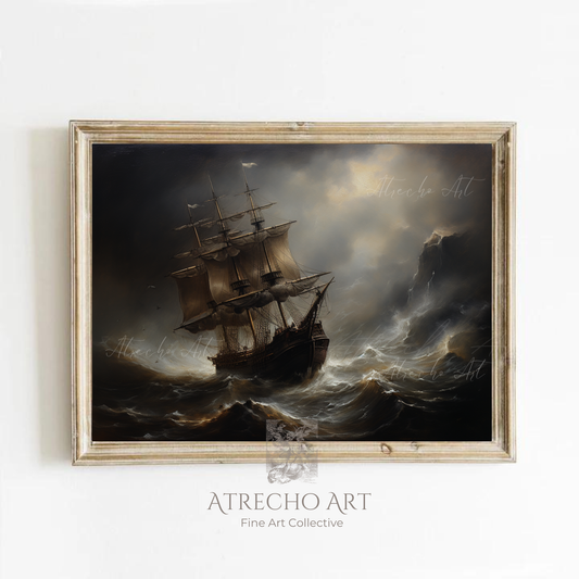 Dramatic stormy sea art print featuring Spanish galleon ship battling turbulent ocean waves under moody storm clouds with golden light breaking through