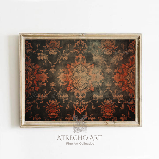 Red and black vintage textile damask pattern art print for maximalist dark academia home décor by Atrecho Art