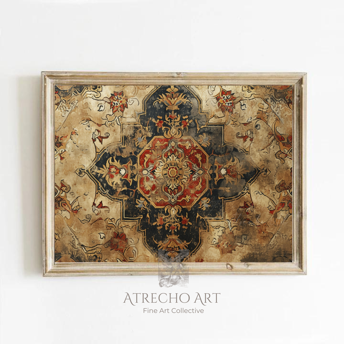Persian rug art print in a wood frame on a neutral wall, antique medallion carpet in Old World tones, by Atrecho Art