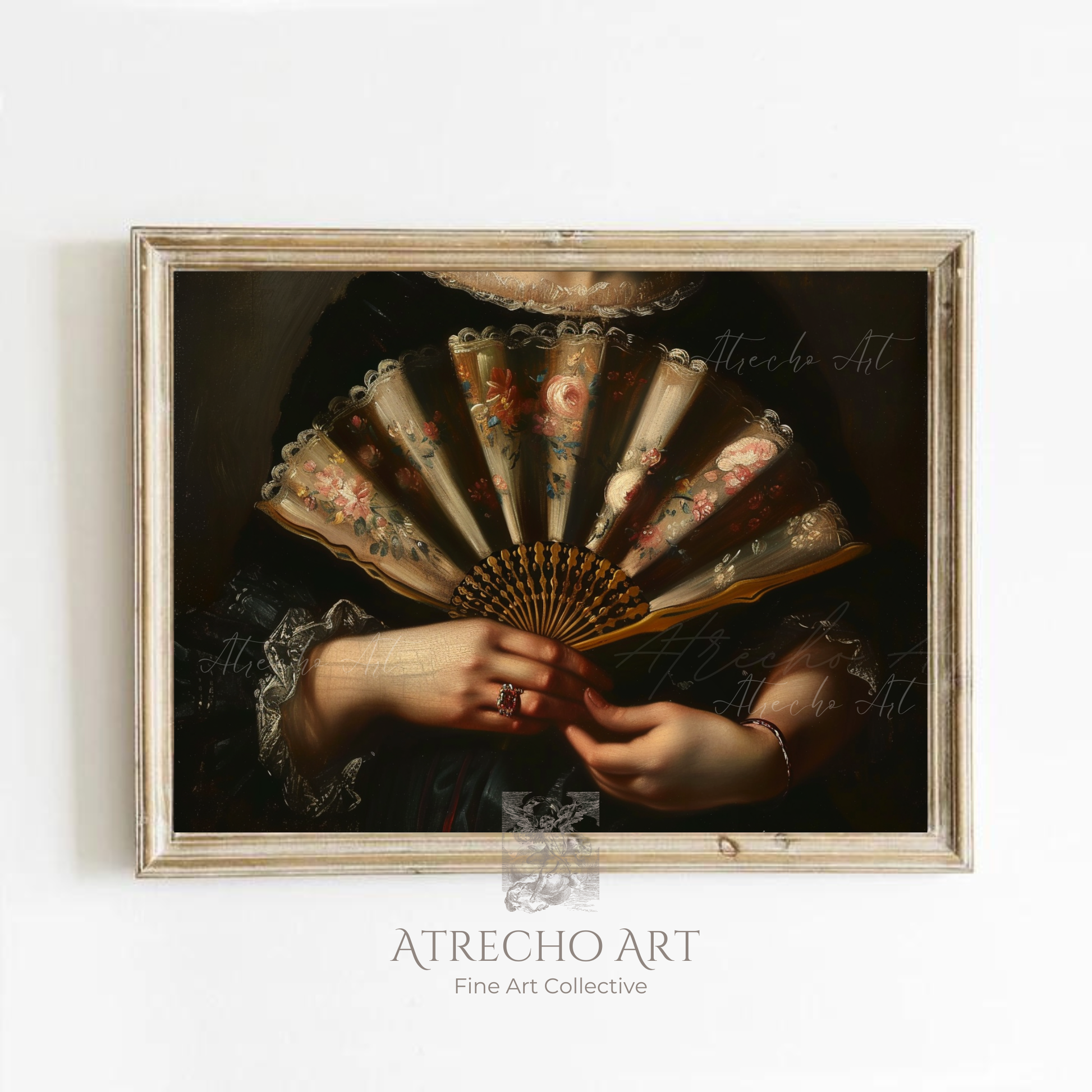 Lady with a fan art print in a wood frame on a neutral wall, Spanish Baroque portrait, by Atrecho Art