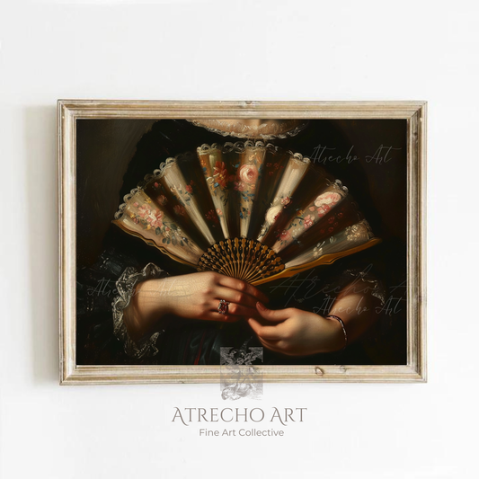 Lady with a fan art print in a wood frame on a neutral wall, Spanish Baroque portrait, by Atrecho Art