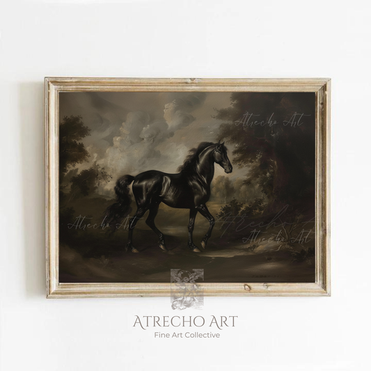 Black horse wall art — vintage Old Master equestrian portrait, dark academia print in gilded frame, moody stallion painting | AN32