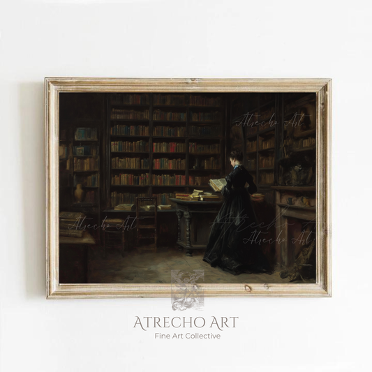 Dark academia library print of Victorian woman reading among floor-to-ceiling bookshelves, archival quality 