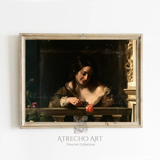 Woman on a balcony art print in a wood frame on a neutral wall, Spanish Baroque portrait with rose, by Atrecho Art